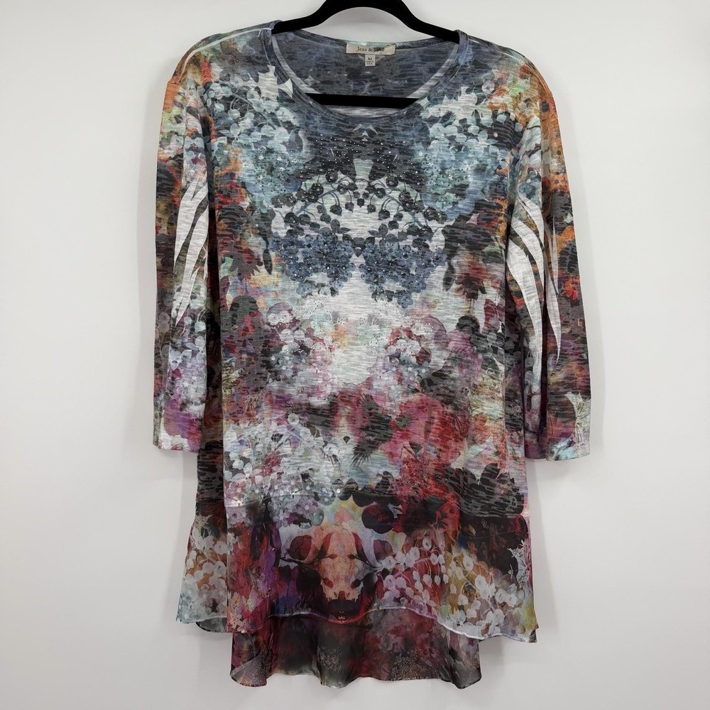 Jess & Jane Tunic Top Womens Medium Multicolor Floral 3/4 Sleeve Rhinestone